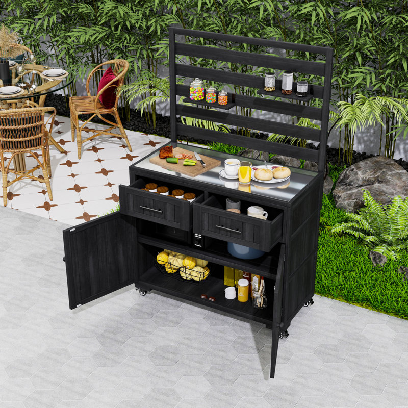 Banc de rempotage extérieur avec plateau en acier inoxydable, roulettes verrouillables, tablettes réglables et grand espace de rangement