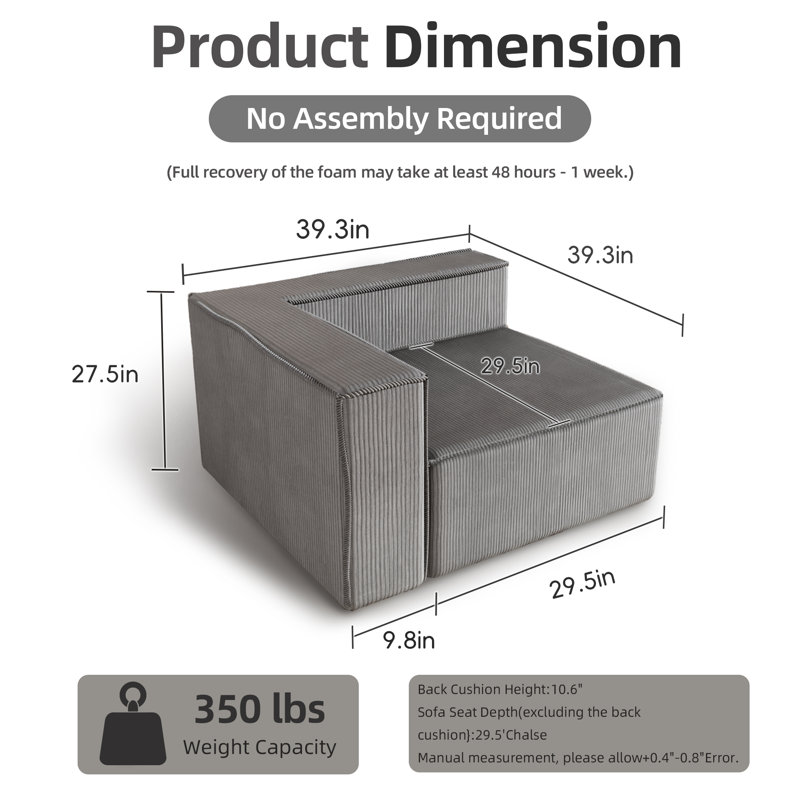 Canapé à compression de 39 po avec accoudoir gauche sans assemblage requis, Gris
