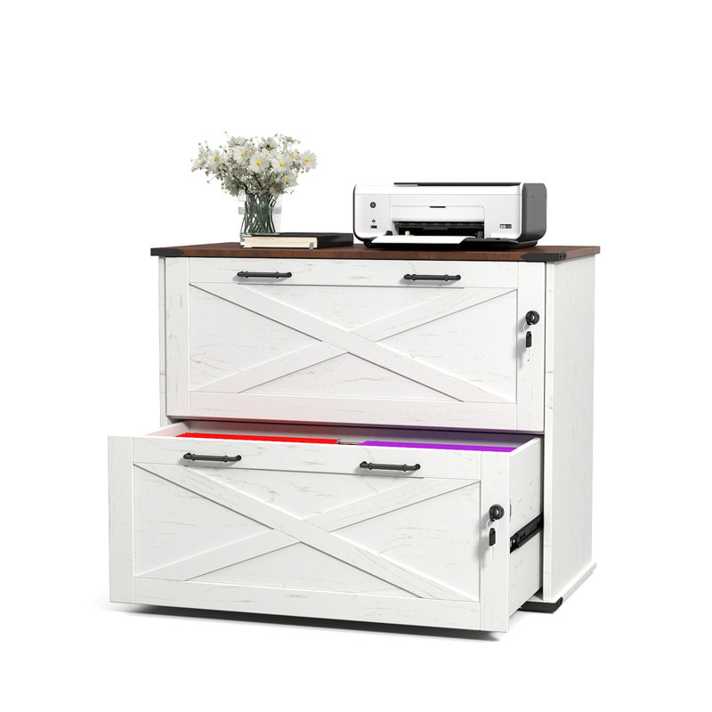Barn Door Wooden 2 Drawers Flynt With Lock 25.79"H, White