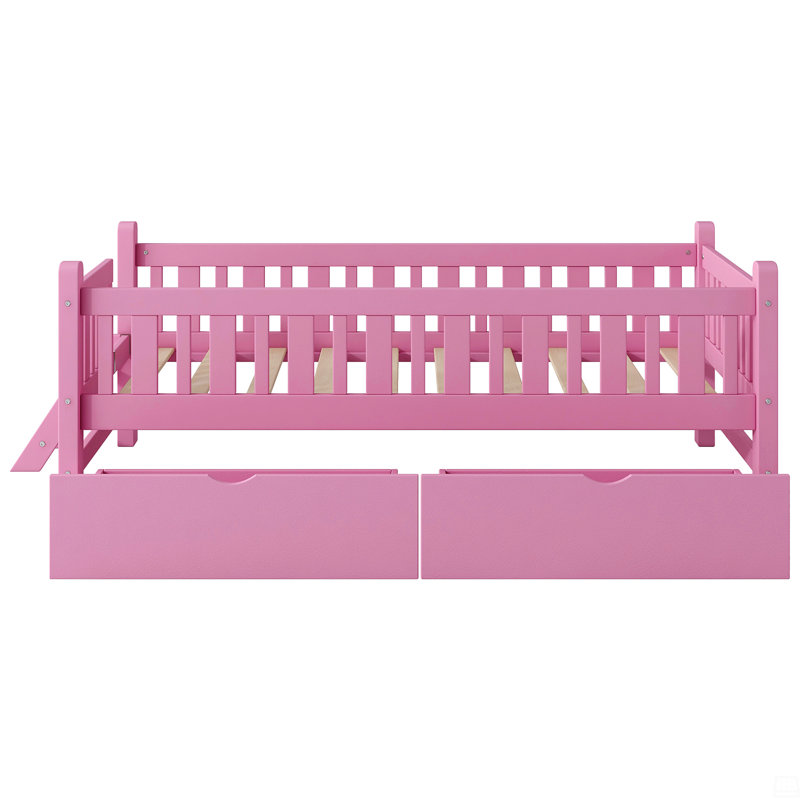 Wood Twin Size Platform Bed With Guardrail And 2 Drawers, Pink