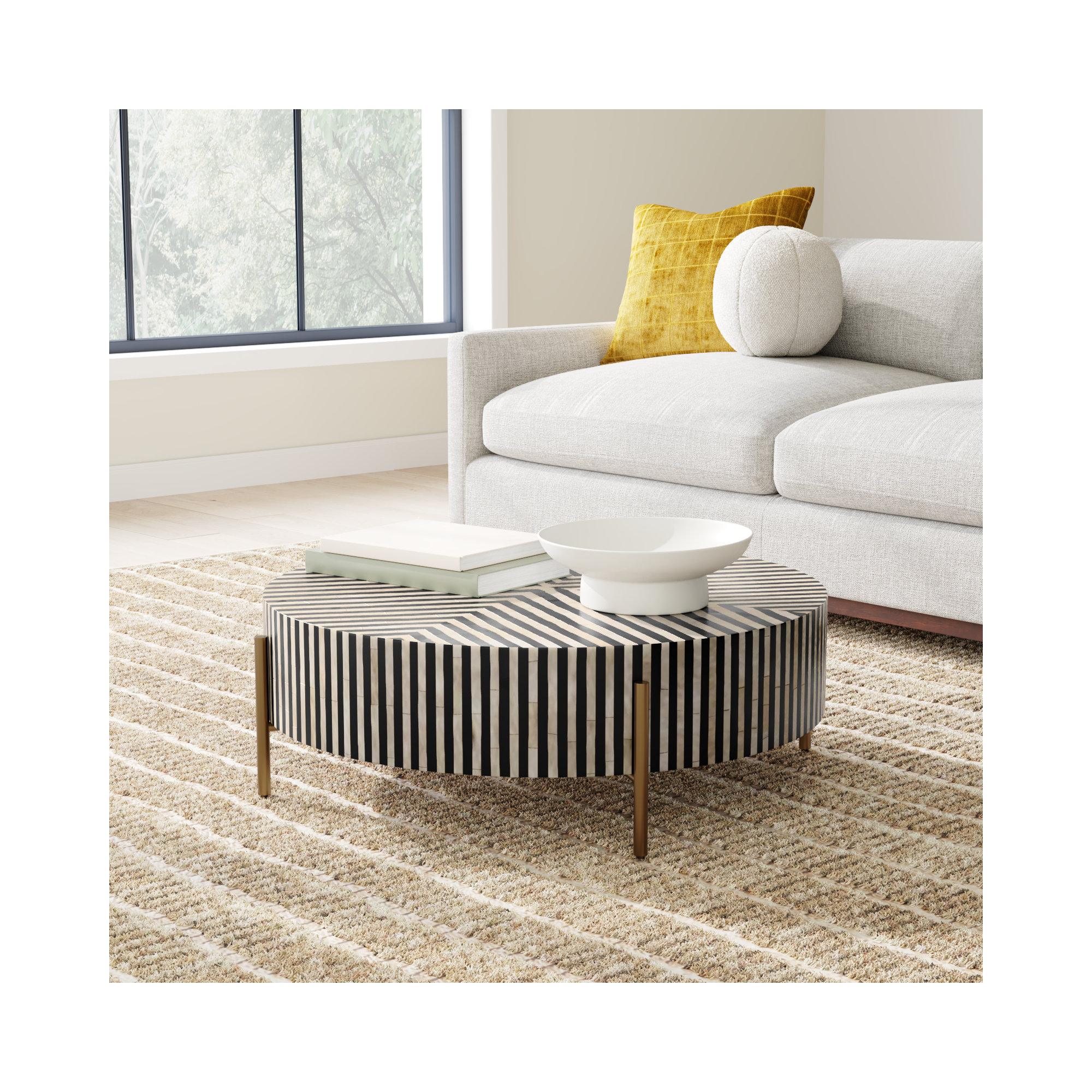 Bron Round Bone Inlay Coffee Table, 12" H x 36" L x 36" W