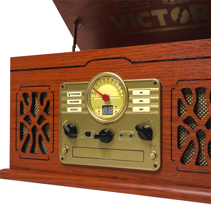 Centre musical 7-en-1 avec tourne-disque Bluetooth et vinyle, Acajou