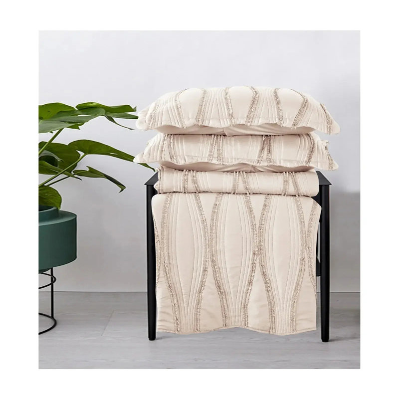 3 Piece Quilted Bedspread Bed Throw Embossed Bedding Set Single Double, Beige, Double Bedspread + 2 Standard Pillowcases