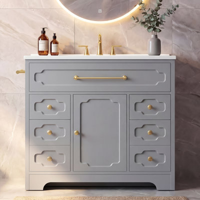 36" Freestanding Single Bathroom Vanity with Ceramic Sink Top, Modern Classic Bathroom Storage Cabinet with Gold Hardware, Multi-Drawer & Adjustable Shelf, Water-Resistant Finish, Gray