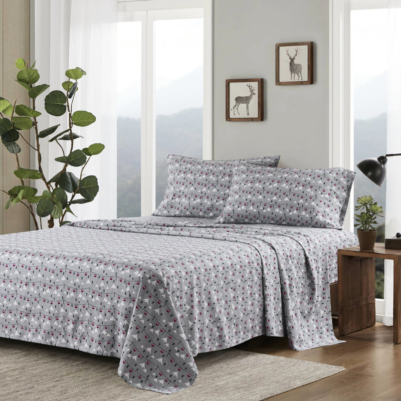 4 draps pour grand lit, motif de saut à ski gris, flanelle de coton à 100%, brossé des deux côtés pour plus de douceur
