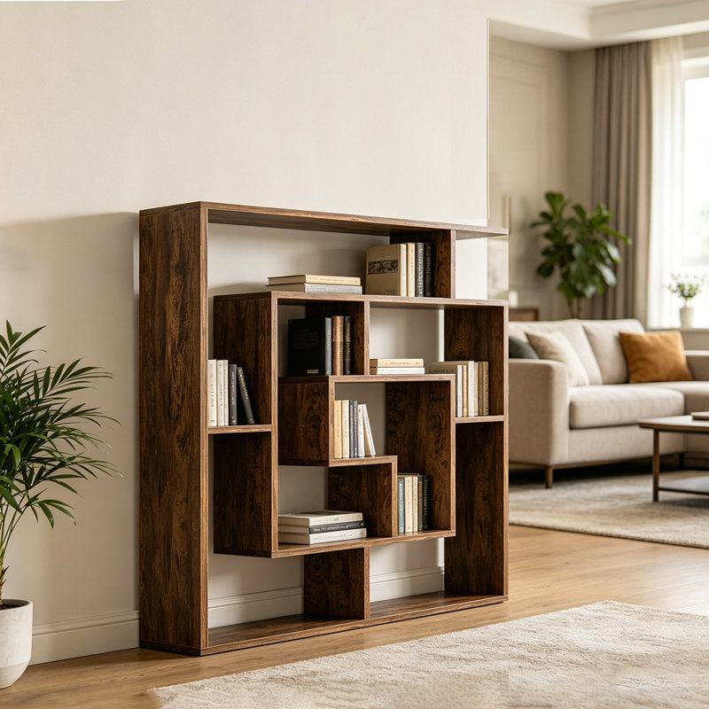6 Tier Freestanding Geometric Bookcase, Wall Mounted Bookshelf, Floating Book Shelves For Bedroom Living Room, Brown