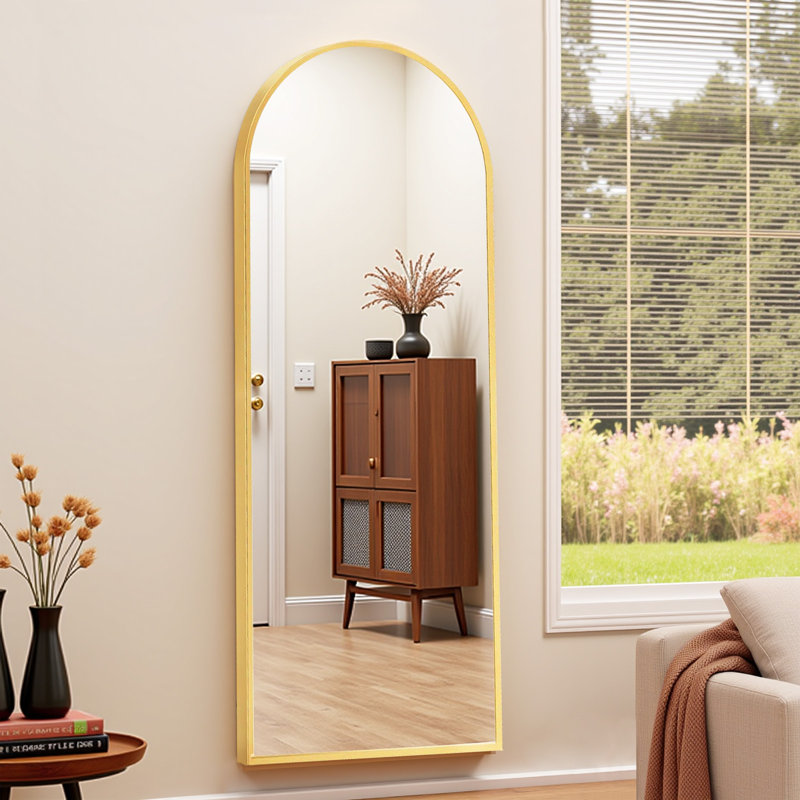 Arched Full Length Mirror, Large Floor Mirror With Frame Standing Hanging Or Leaning Wall Mirror, Gold, 64" x 21"