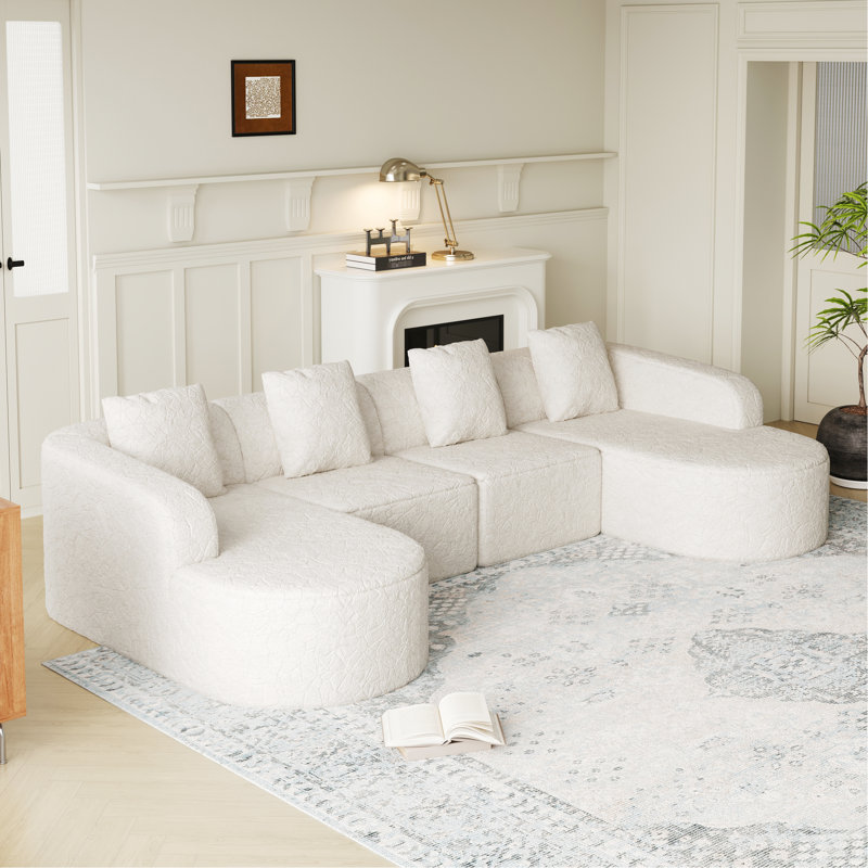 Modulaire incurvé en forme de L blanc à 6 sièges avec poils longs texturés, pour un confort, une couleur esthétique moderne, un design et un assemblage facile