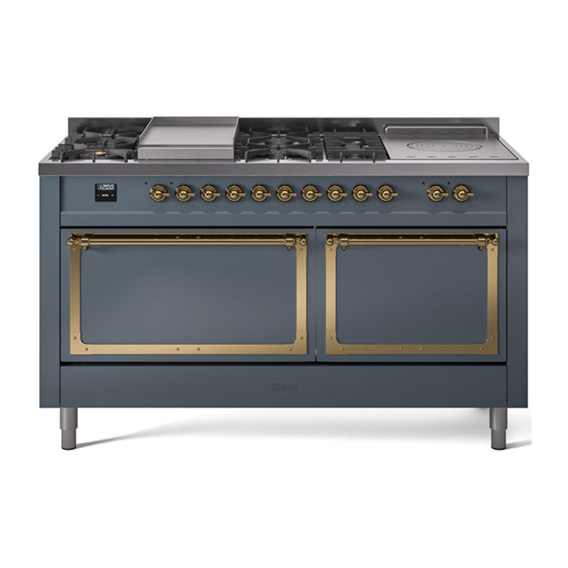 Cuisinière à double combustible ILVE Nostalgie II Series 60 po avec 7 brûleurs scellés, plaque de cuisson et table française (propane liquide, porte pleine)