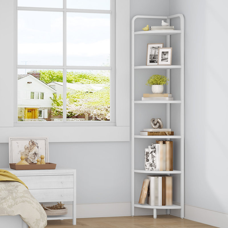 Corner Shelf Stand, Corner Bookshelf Bookcase, Plant Shelf, Corner Display Rack, Standing Shelf with Metal Frame for Living Room, Bathroom, Kitchen, Modern Style, 6 Tier White