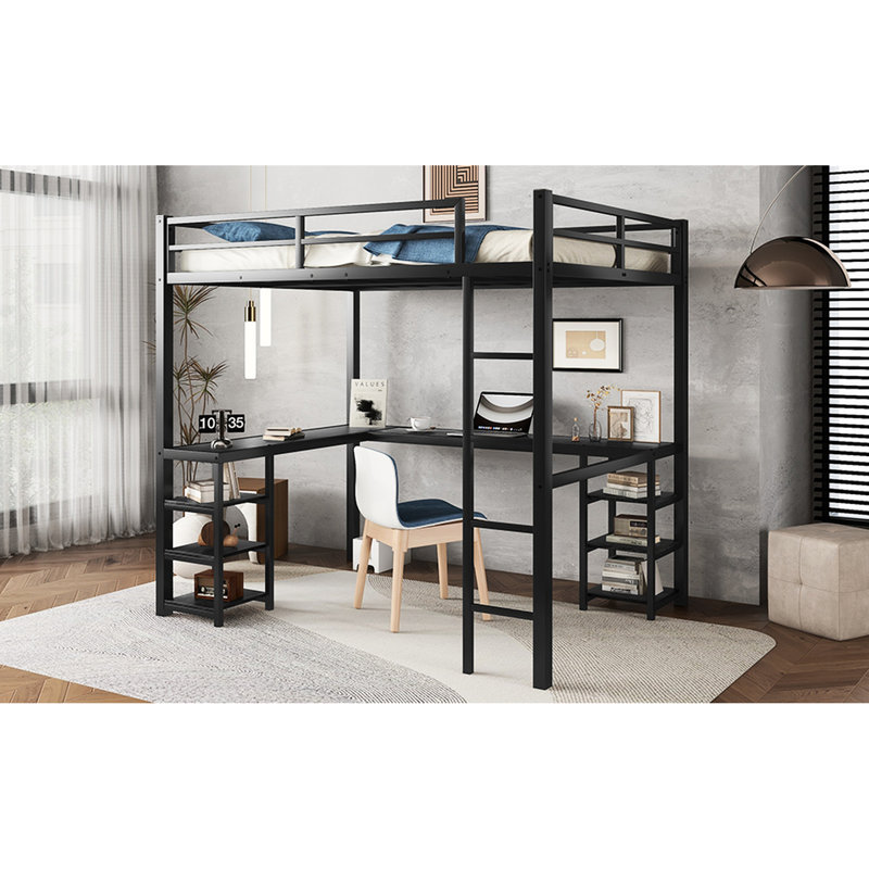 Lit mezzanine en métal noir avec bureau - Espace et pour les petites chambres, Lit double, Noir