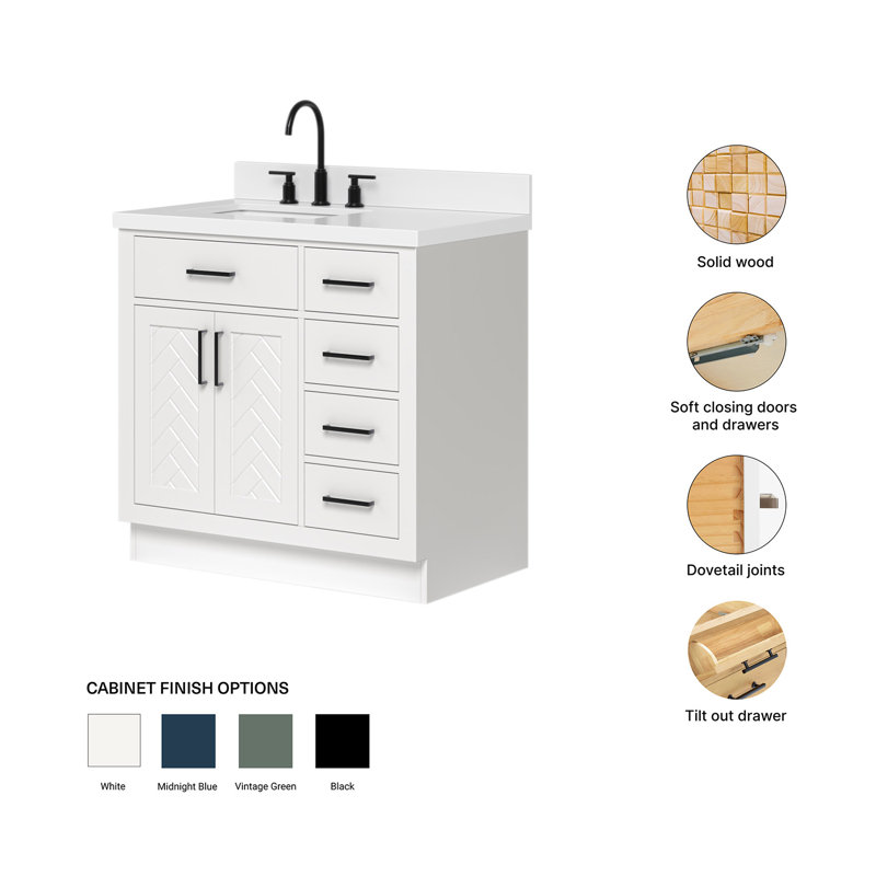 Ensemble de meuble-lavabo rectangulaire rectangulaire gauche 37 po avec comptoir en quartz blanc pur Chevron, Rectangulaire