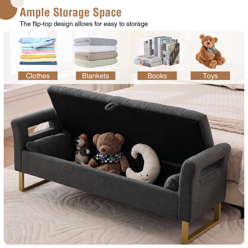66"W Upholstered Flip Top Teddy Storage Bench King Size with Gold Legs,Curverd Armrest and 2 Pillows , Gray, 67"W