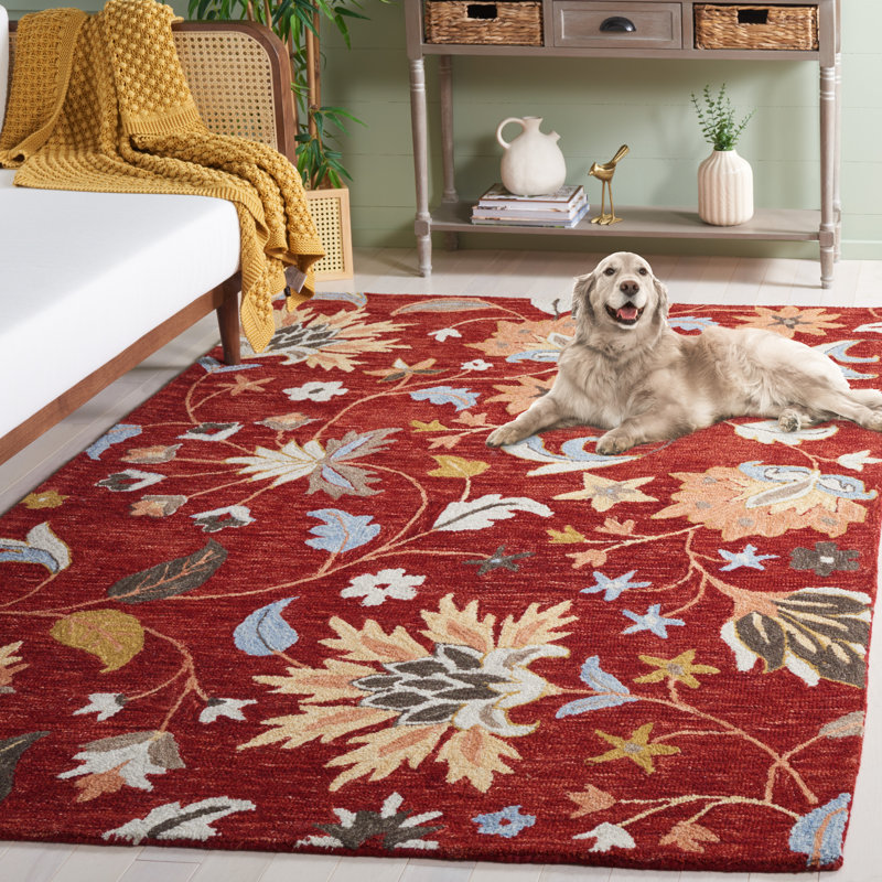 Handmade Red and Orange Floral Wool Area Rug, 5' x 8'