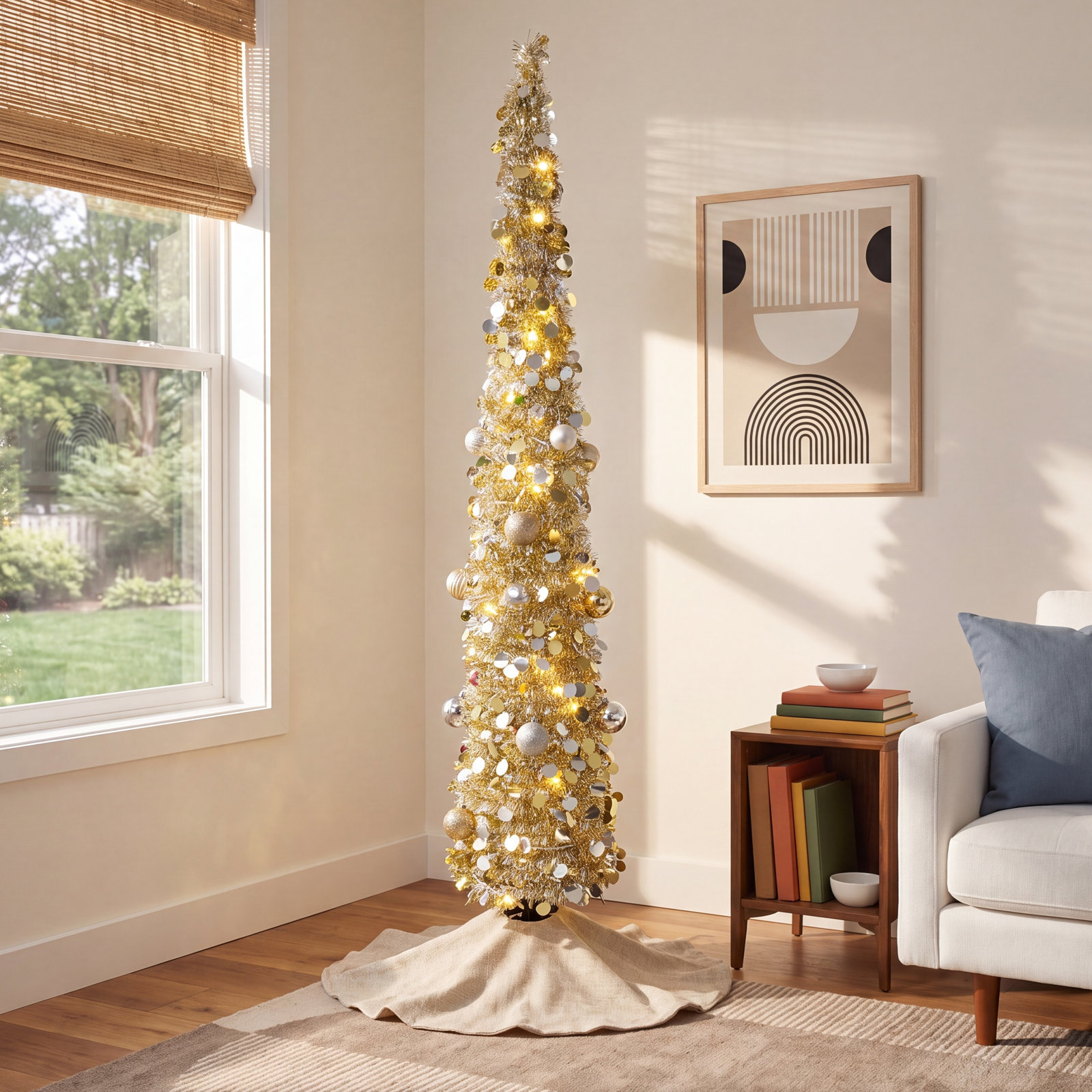 Pre-Lit Tinsel Pop-Up Tabletop Tree, Gold/Silver