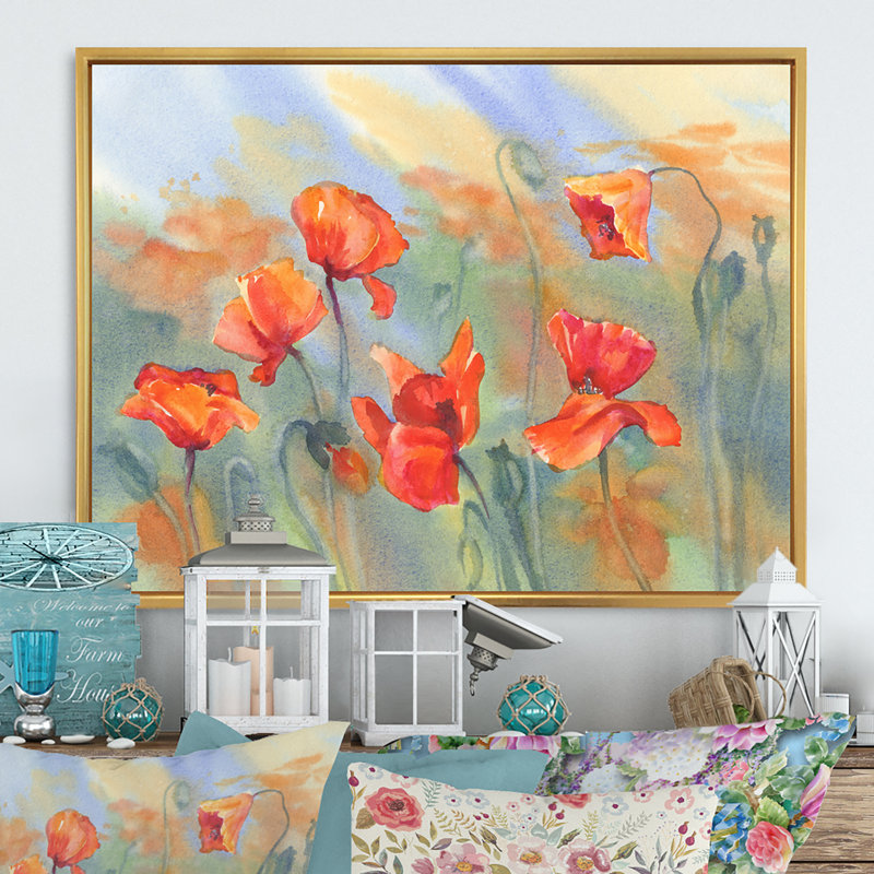 «Abstract Poppy Flowers On Rainy Day II», reproduction sur toile, H 12 po x l 20 po x P 1 po, Cadre flottant doré