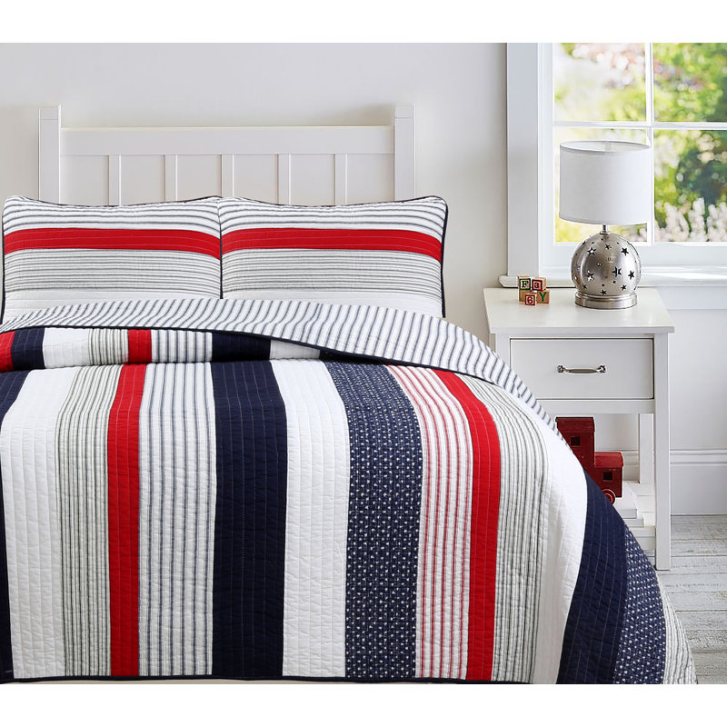 Ensemble de courtepointe réversible en coton bleu / rouge / gris , Courtepointe pour lit simple + 1 taie décorative