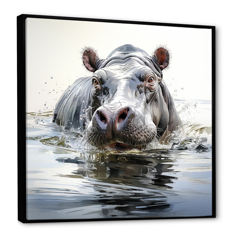 Gris, majestueux Hippo Elegance III - hippopotame, art mural, H 36 po x l 36 po x P 1,5 po, Cadre flottant noir
