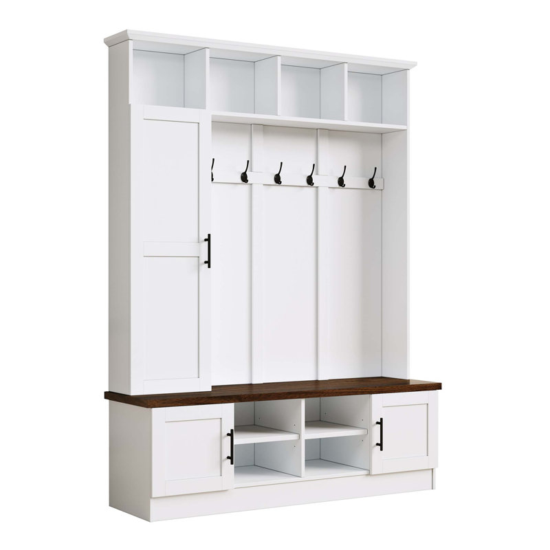 3-in-1 Hall Tree with 6 Hooks, Storage Bench, and Adjustable Shelves for Mudroom, Hallway, or Entryway Organization.
