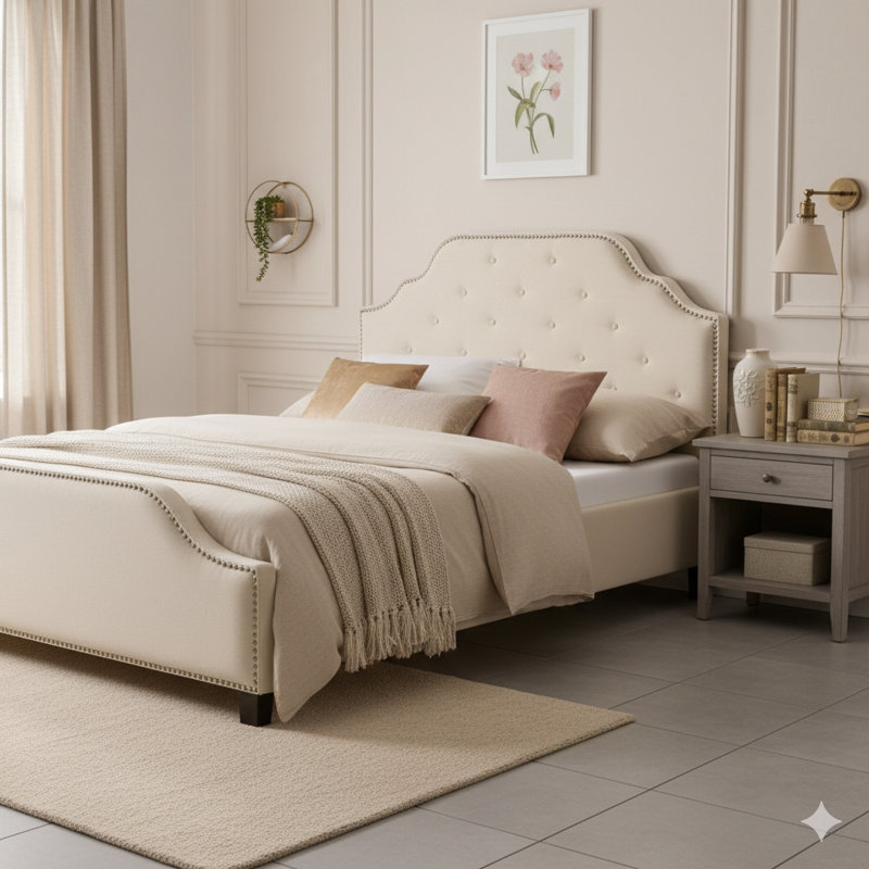 Tufted Upholstered Headboard For Queen Bed, Made From Solid Wood With Durable Metal Legs, Adjustable Height, Features Nailhead Trim And A Modern Button-Tufted Fabric Design.