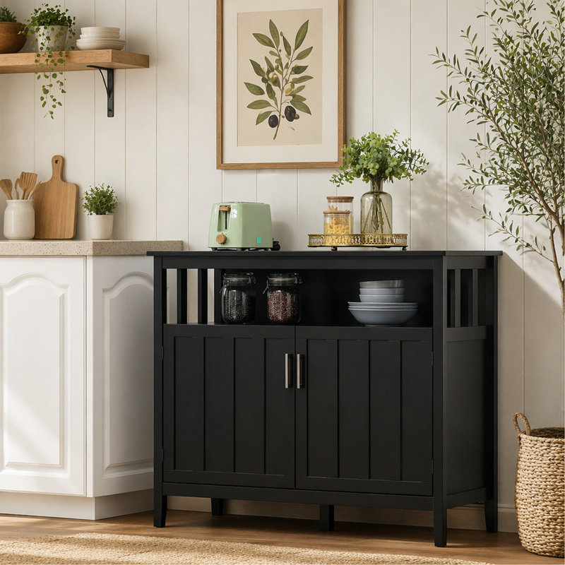 Modern Black Sideboard Cabinet, 2-Door Coffee Bar Buffet with Adjustable Shelves, Storage Cabinet for Kitchen & Living Room