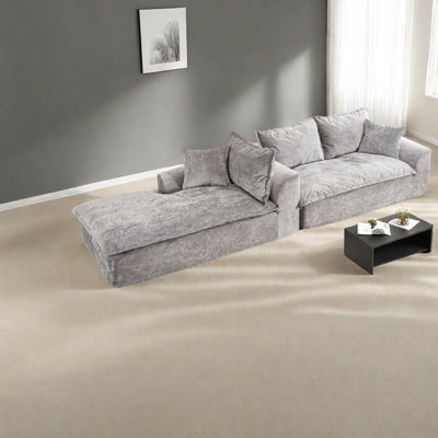 Spacious Grey Chenille Sofas, Modern L-shaped Chaise For Living Room Comfort
