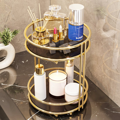 Metal Makeup Organizer Vanity, Gold Perfume Organizer Dresser, Service Tray 2-Tier