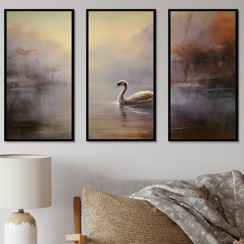 Ensemble de salon Swan In The Mist II - Swans Animal Wall Art, Cadre flottant noir, H 32 po x l 48 po