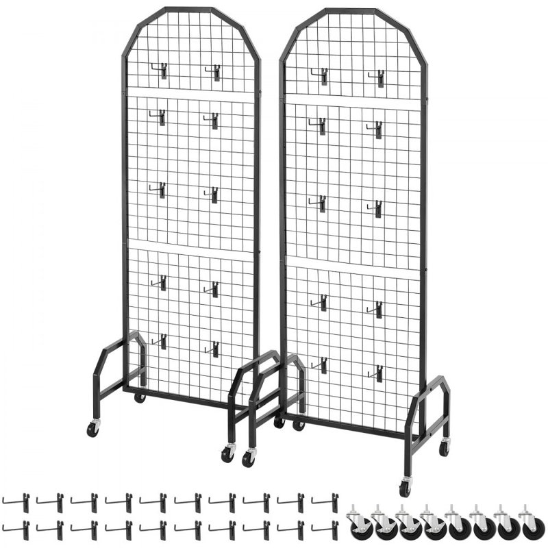Panneaux muraux quadrillés, support d'affichage à panneaux grillagés 1,9 x 5,4 pi, tablette mobile avec roulettes et 20 crochets, mur grillagé en acier au carbone noir pour salon d'artisanat, décoration, rangement, tableau d'affichage
