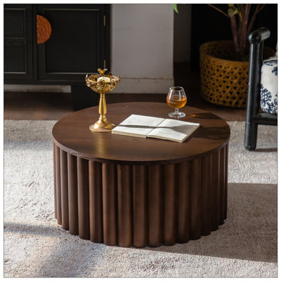 Round Coffee Table with Lift-Top, Handcrafted Relief, Sturdy Pedestal Base, No Assembly Required for Living Room