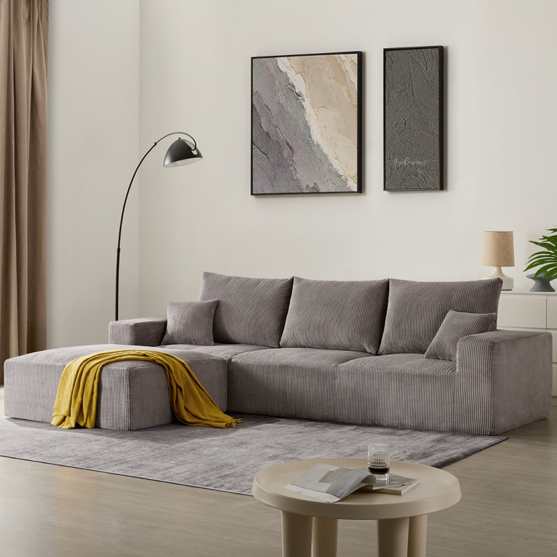 2-Piece 113" L Shaped Compression Couch, Corduroy Modular Sectional Sofa With Ottoman Living Room Set, Gray Corduroy