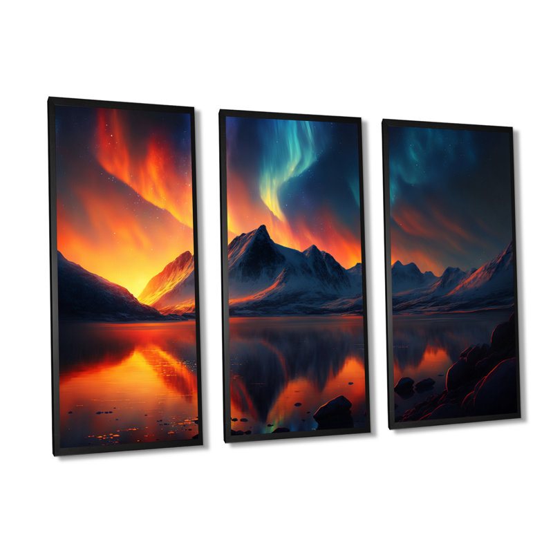 «Beautiful Lake Sunset With Aurora Borealis», impression sur toile 3 pièces, H 32 po x l 48 po x P 1 po, Toile encadrée noire