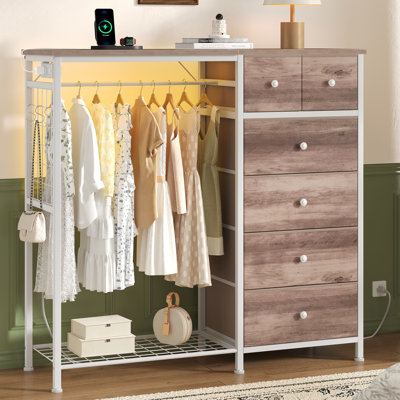  6-Drawer Storage Dresser with LED Lights, Hanging Rack & Charging Station