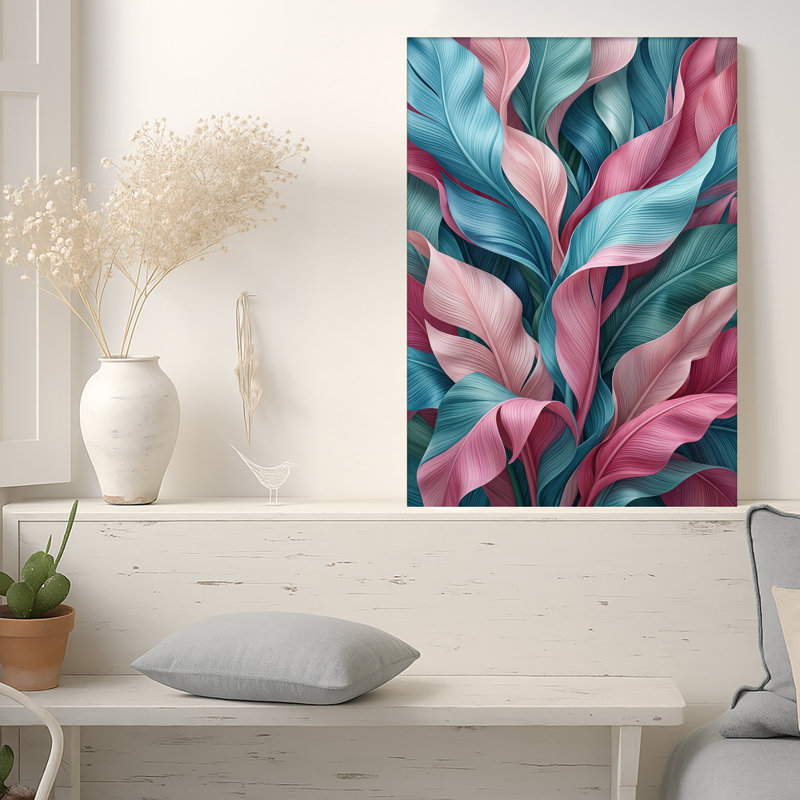 «Pink and Teal Wavy Leaves», art abstrait sur toile, 30"H x 20"W