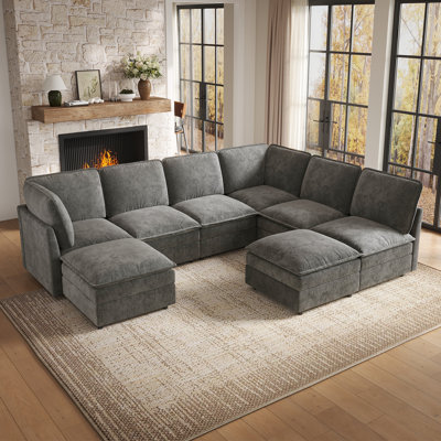 156.77" W 8-Seater Modular Sofa with Ottomans Tool-free Easy Assembly Chenille Fabric