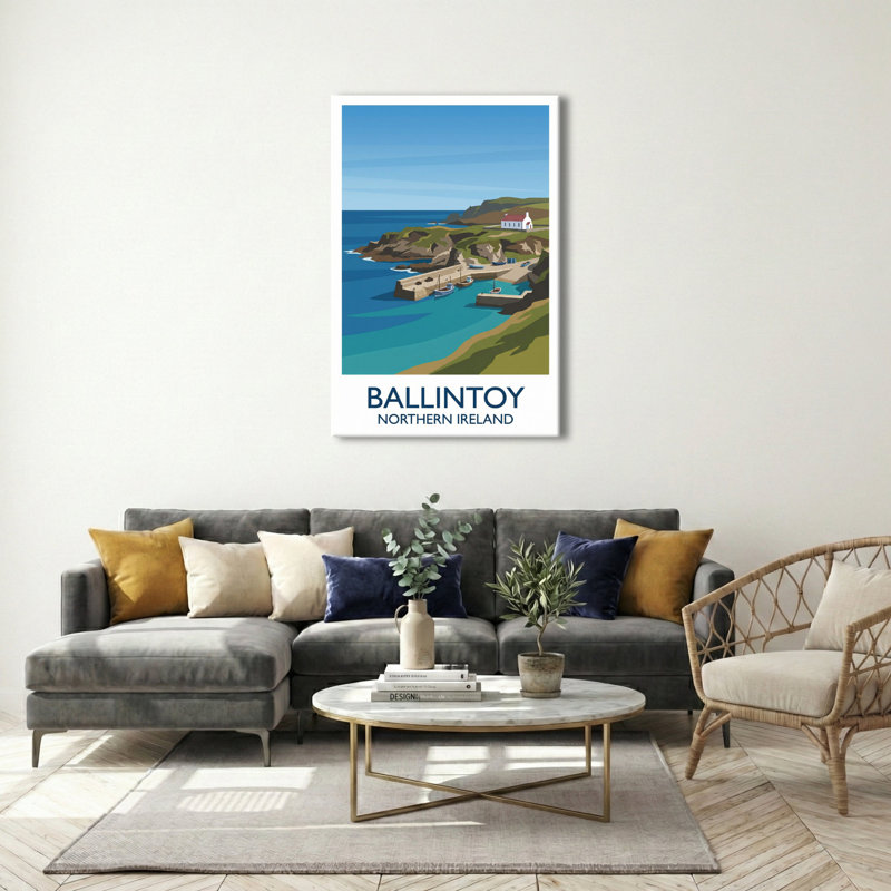 Ballintoy, Northern Ireland - Romantic Coastal Travel Poster of Harbour, Cliffs and Sea. Giclee Print on Wrapped Canvas. Wall Art, Home Decor - Cities & Towns, Northern Ireland 1 Piece Wrapped Canvas Wall Art