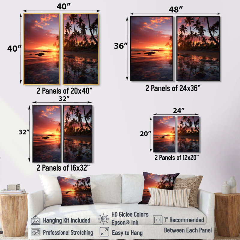 Hawaii Hawaiian Sunrise - Art mural moderne, H 36 po x l 48 po, Impression encadrée flottante, Blanc
