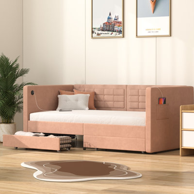 Lit de jour rembourré avec tiroirs de rangement, canapé-lit simple en velours avec ports USB et Type-C, lit d'invité petit espace avec tête de lit capitonnée à boutons et lattes de bois, cadre de lit plateforme capitonné avec station de charge pour chambre à coucher, salon, appartement