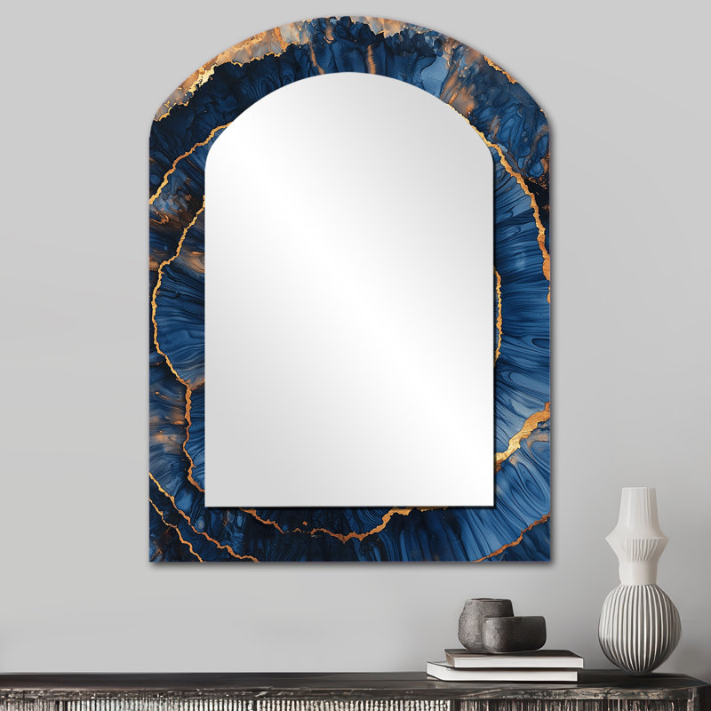 Cristal turquoise et glissade en bois Spiral I - grand miroir asymétrique à cristaux, miroir mural décoratif arqué traditionnel, impression d'art en métal