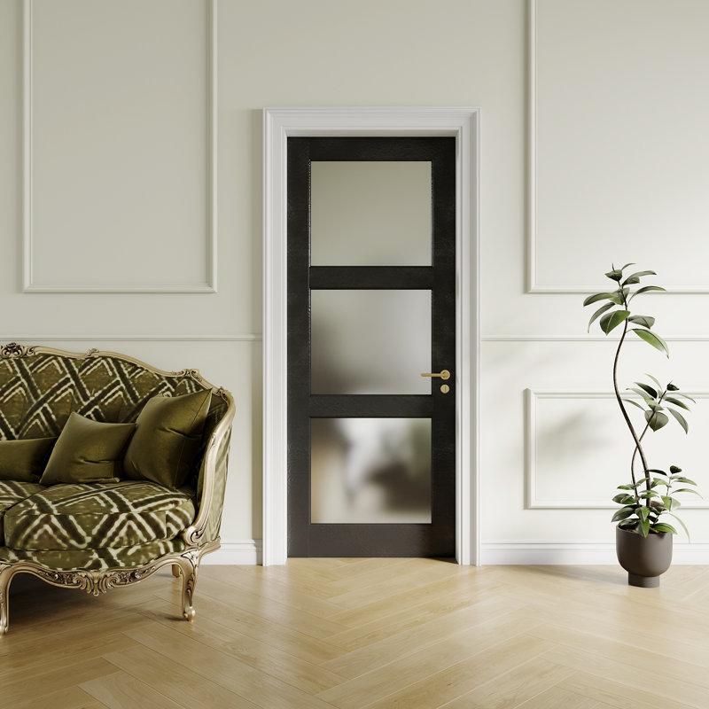 Porte de garde-manger noir transparent à 3 portes de 30 po x 80 po avec portes françaises à 3 verres transparents, porte intérieure pour la maison et la lessive, noyau solide et panneau de fibres à densité moyenne sans cadre de porte et ensemble de quincaillerie - Facile à installer