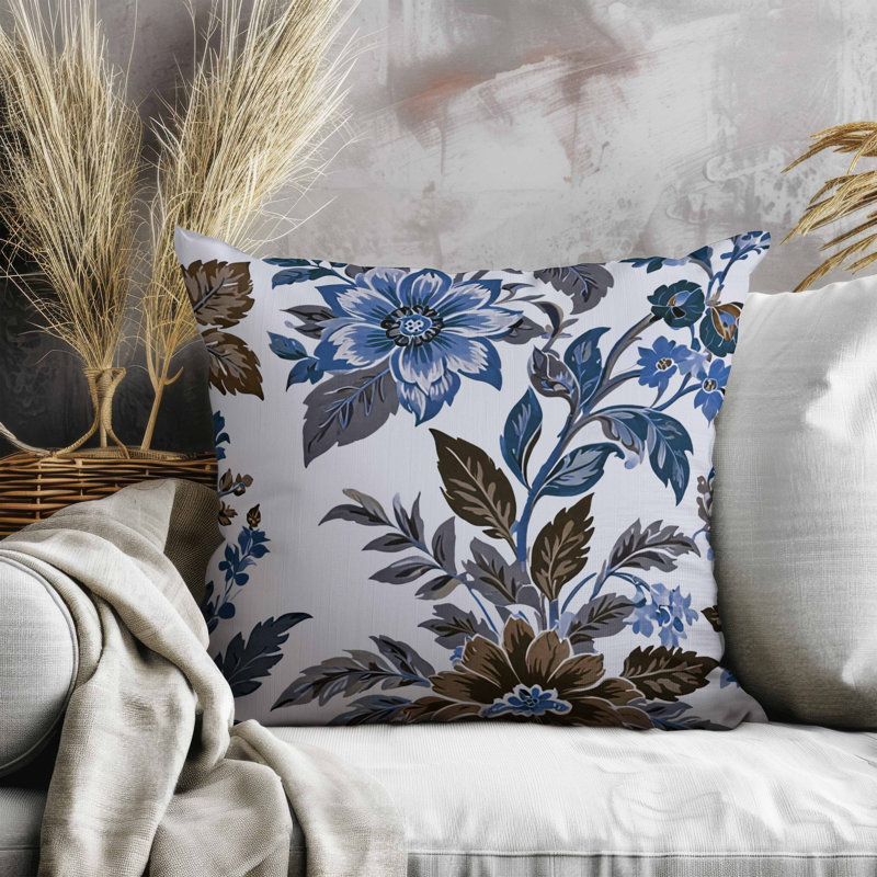Coussin en faux suède Cobalt Meadow, Bleu/brun, Carré 26 po