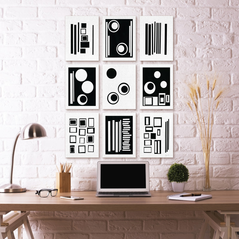 «Black and White Abstract Geometric Shape Designs» par Regina Moore, ensemble de 9 reproductions d'art sur toile non encadrées