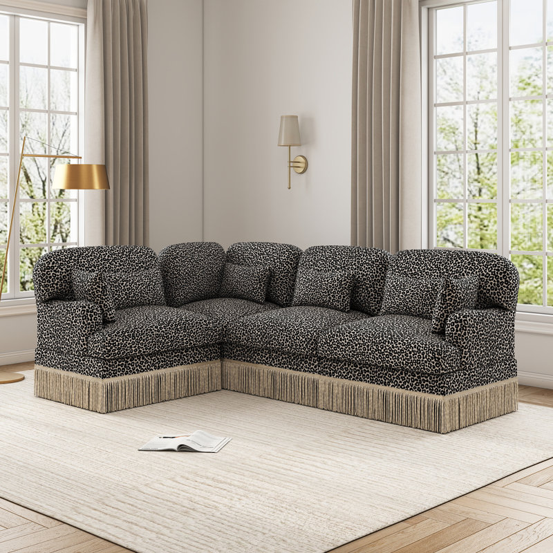 Canapé modulaire en L en chenille à imprimé léopard avec coussins et jupe à pampille, Imprimé léopard kaki noir