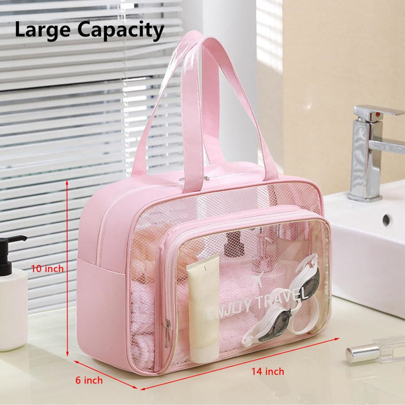 2 Pack Gray And Pink Clear Waterproof Sandproof Carry On Toiletry Bag Large Capacity Double Compartment Zipper Cosmetic Organizer Tote Bag For Travel Gym Shower Beach Outdoor Activities