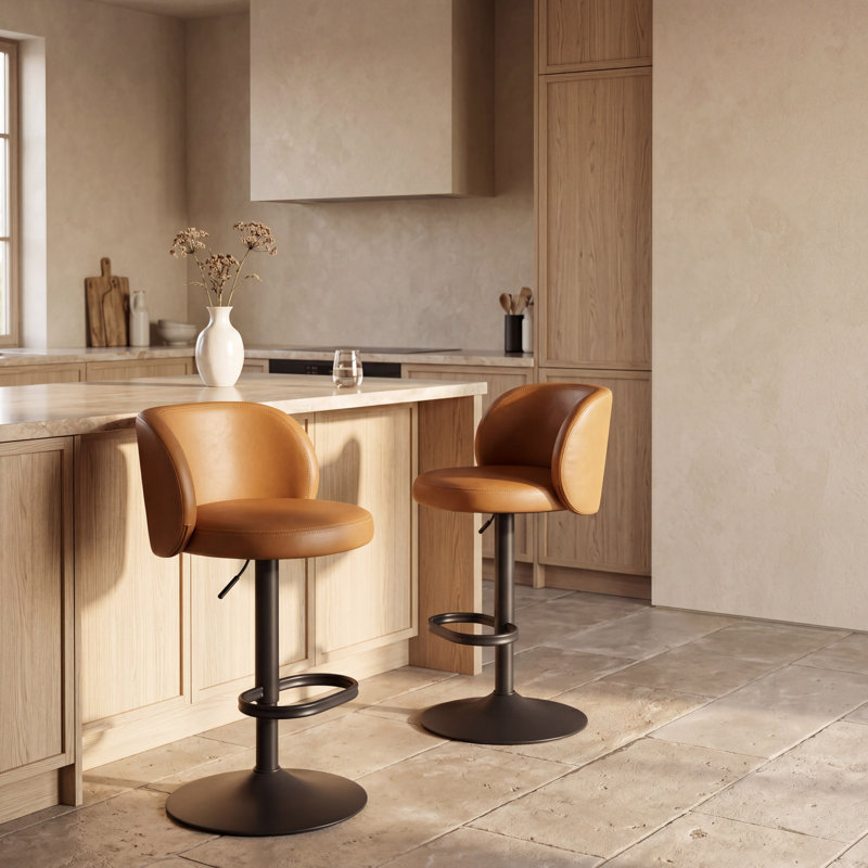 Ensemble de 2 tabourets de bar bruns en similicuir brun avec dossier réglable et base en métal avec îlot de cuisine et tabourets de comptoir modernes pour la maison