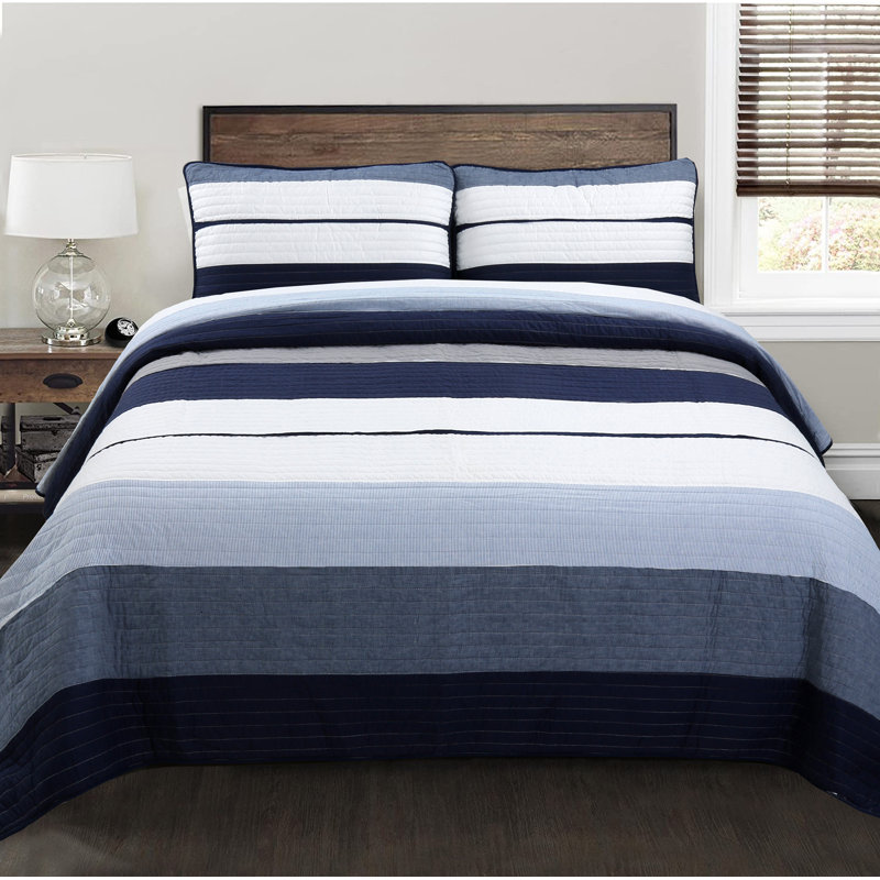 Tranquil Blue Gray Stripes Cotton Striped Quilt, Queen Quilt + 2 Standard Shams