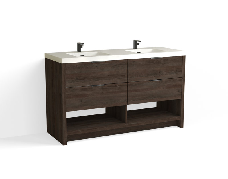 Vue 60" W Freestanding Double Bathroom Vanity, Glossy White/8" Widespread, Matte Black, White Nanomatte