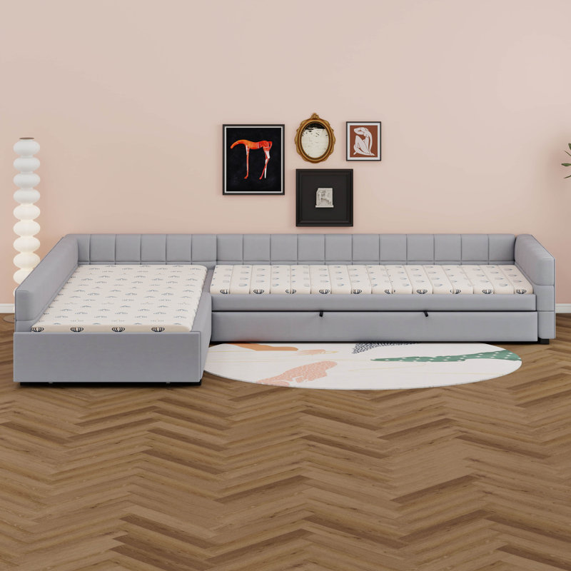 Lit plateforme en L avec lit gigogne, lit de jour rembourré avec tiroir de rangement, 3 lits en 1, Gray