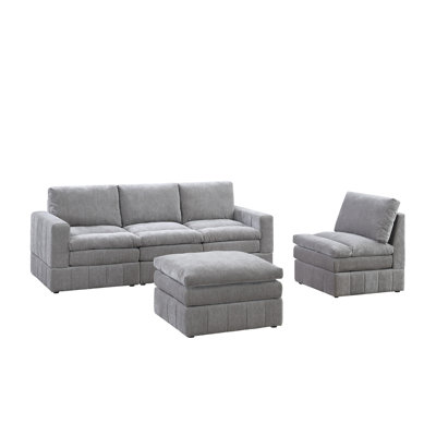 Contemporary 5 Sectional , 2X One Arm Chairs, Armless 1X , Suede Upholstery, Pillow Top Seat, Modern Living Room Modular Furniture, / Grey Suede, Triple Layer Cushion Back, Look