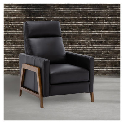 Fauteuil inclinable manuel Richland en cuir fleur, style Mid-Century moderne avec structure en bois exposé